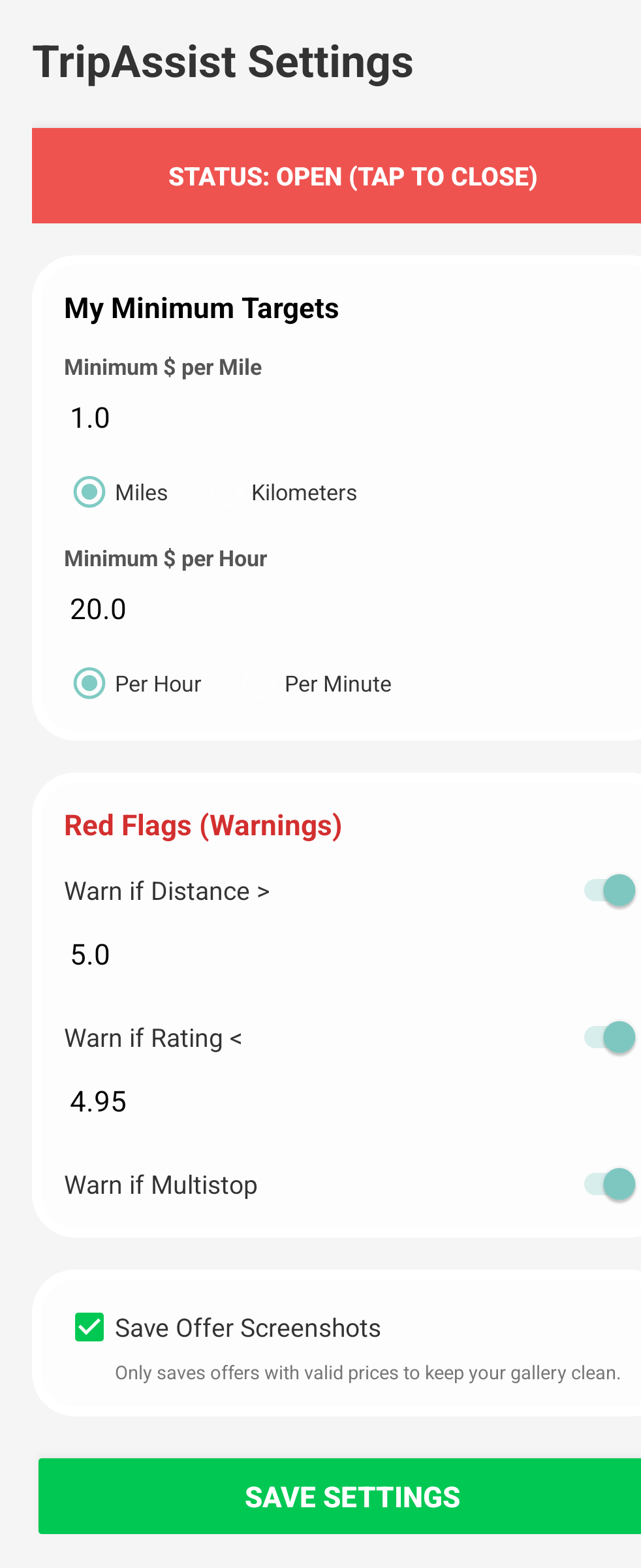 TripAssist Settings Panel